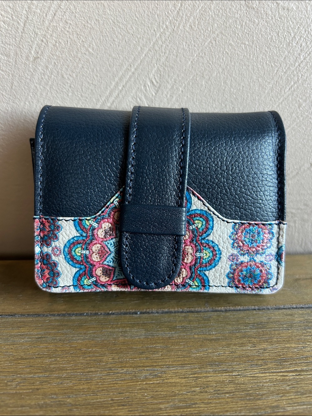 Unbranded Navy and Multicolor Mandala Print Leather Wallet W/ Integrated Mirror.